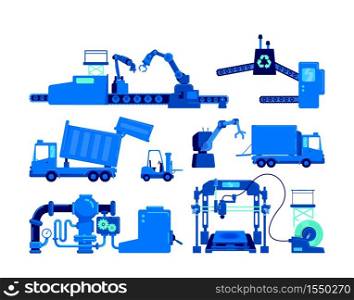 Production equipment flat color vector object set. Conveyor belt for manufacture. Industrial machinery isolated cartoon illustration for web graphic design and animation collection. Production equipment flat color vector object set