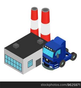 Production insurance icon isometric vector. Big truck near factory building icon. Manufacturing, insurance. Production insurance icon isometric vector. Big truck near factory building icon
