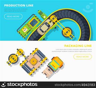 Production Line Horizontal Banners. Top view horizontal banners of production line with car assembly and packing line with gears boxing vector illustration