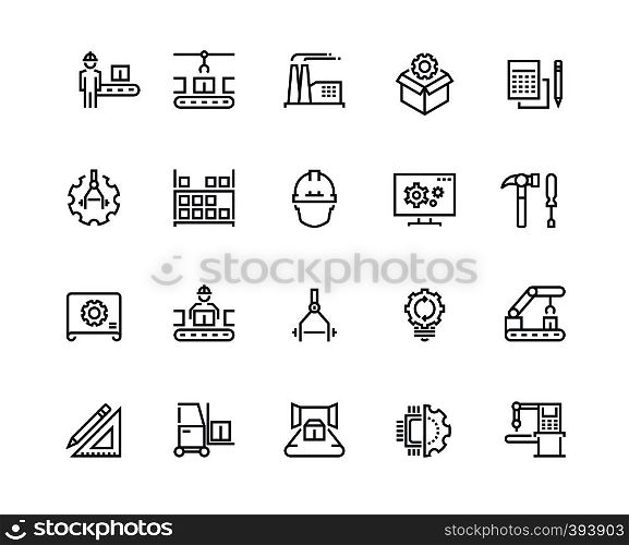 Production line icons. Industry machine production, factory conveyor line, automatic robot manipulator. Industrial vector pictograms template concept engineering set. Production line icons. Industry machine production, factory conveyor line, automatic robot manipulator. Industrial vector pictograms