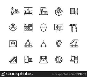 Production line icons. Industry machine production, factory conveyor line, automatic robot manipulator. Industrial vector pictograms template concept engineering set. Production line icons. Industry machine production, factory conveyor line, automatic robot manipulator. Industrial vector pictograms