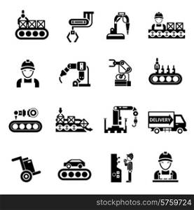 Production line product manufacturing and quality control icons black set isolated vector illustration. Production Line Icons Black