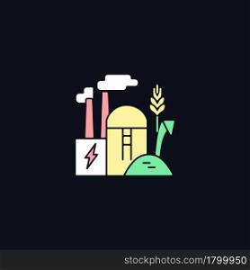 Production of biomass energy RGB color icon for dark theme. Alternative energy made from organic material. Isolated vector illustration on night mode background. Simple filled line drawing on black. Production of biomass energy RGB color icon for dark theme