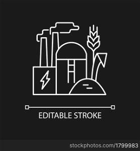 Production of biomass energy white linear icon for dark theme. Energy from organic material. Thin line customizable illustration. Isolated vector contour symbol for night mode. Editable stroke. Production of biomass energy white linear icon for dark theme