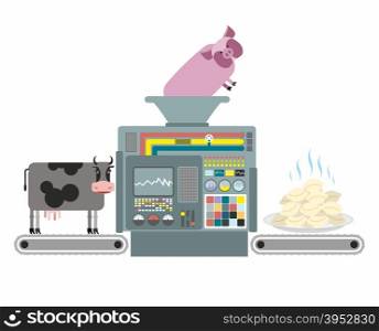 Production of pork and beef dumplings. Russian national apparatus for cooking dumplings. Automated system of manufacture of meat food. Vector illustration