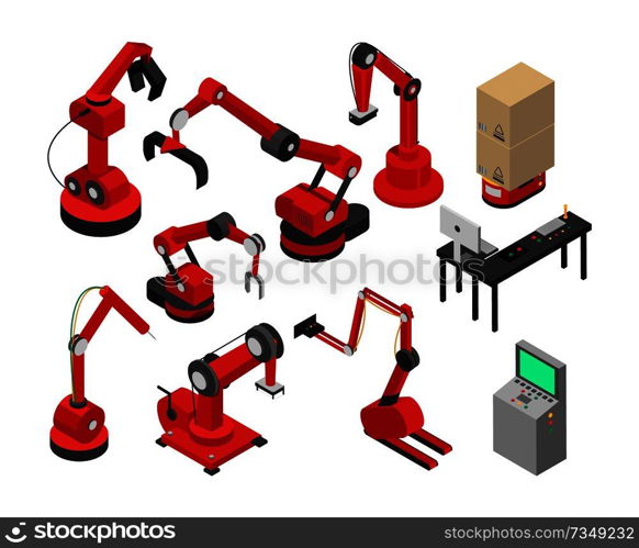 Production on industrial factory, red automated equipments elements, table and computer processing of manufacture, isolated on vector illustration. Production Industrial Factory Vector Illustration