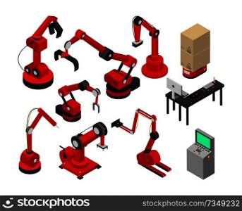 Production on industrial factory, red automated equipments elements, table and computer processing of manufacture, isolated on vector illustration. Production Industrial Factory Vector Illustration