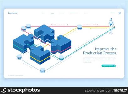 Production process improve isometric landing page, leverage connect puzzle pieces and artificial intelligence robot. Teamwork solutions, business team cooperation 3d vector illustration, web banner. Production process improve isometric landing page