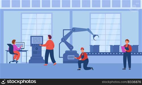 Production process using robots and computers at smart factory. Digital revolution, workers using machines with internet and data flat vector illustration. Technology, innovation, industry 4.0 concept