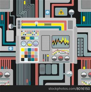 Production system. Control Panel seamless pattern. Background of wires and sensors and devices. Vector illustration of high-tech production. Industrial vector ornament