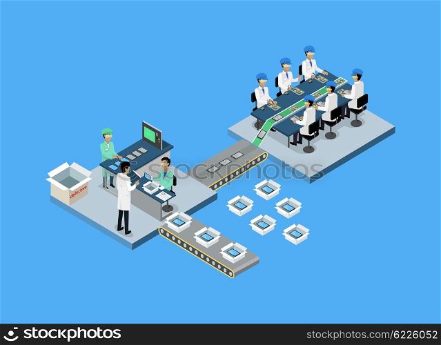 Production tablet or smartphone 3d isometric. Production line, manufacturing and factory, smartphone and tablet, mobile phone, process production, conveyor electronic industrial illustration