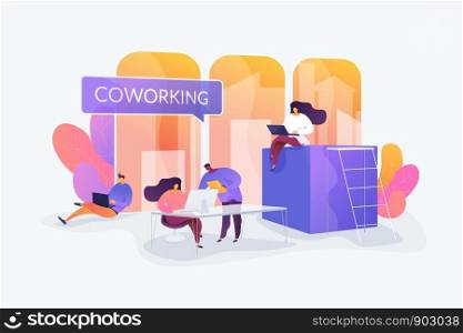 Productive cooperation, work organization, freelance and outsource. Coworking of freelancers, teamwork and communication, independent activity concept. Vector isolated concept creative illustration. Coworking concept vector illustration