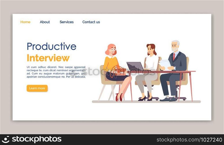 Productive interview landing page vector template. Headhunting, recruitment website interface idea with flat illustrations. Hiring staff homepage layout. HR agency web banner, webpage cartoon concept