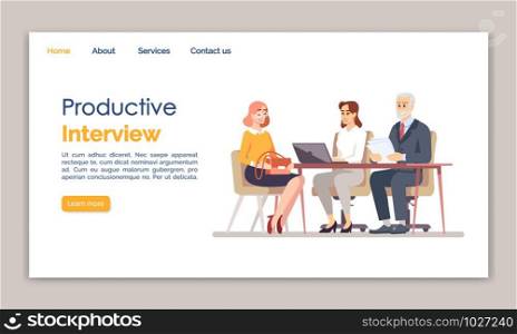 Productive interview landing page vector template. Headhunting, recruitment website interface idea with flat illustrations. Hiring staff homepage layout. HR agency web banner, webpage cartoon concept