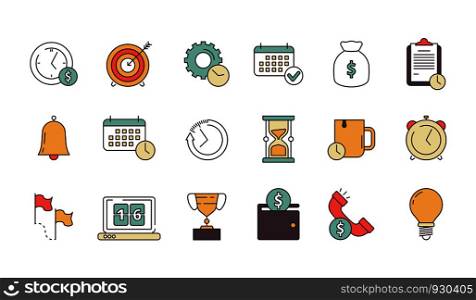 Productive management icon. Business productivity remind services save time employees forecast vector linear symbols isolated. Business punctuality clock, reminder deadline productivity illustration. Productive management icon. Business productivity remind services save time employees forecast vector linear symbols isolated