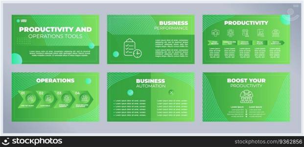 Productivity and operations tools presentation templates set. Time management software. Business automation. Ready made PPT slides on green background. Graphic design. Montserrat, Arial fonts used. Productivity and operations tools presentation templates set