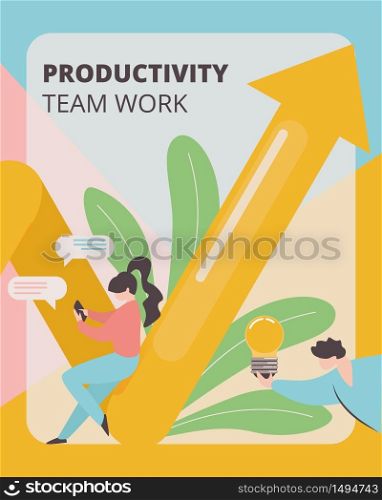 Productivity Team Work Vertical Banner. Businessman with Light Bulb and Woman with Smartphone at Huge Growing Arrow. Development Strategy, Project, Creative Idea, Goal Cartoon Flat Vector Illustration. Productivity Team Work Banner Development Strategy