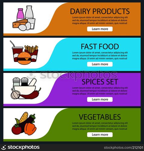 Products categories banner templates set. Easy to edit. Fastfood, spices, vegetables, dairy products. Website menu items. Color web banner. Vector headers design concepts. Products categories banner templates set