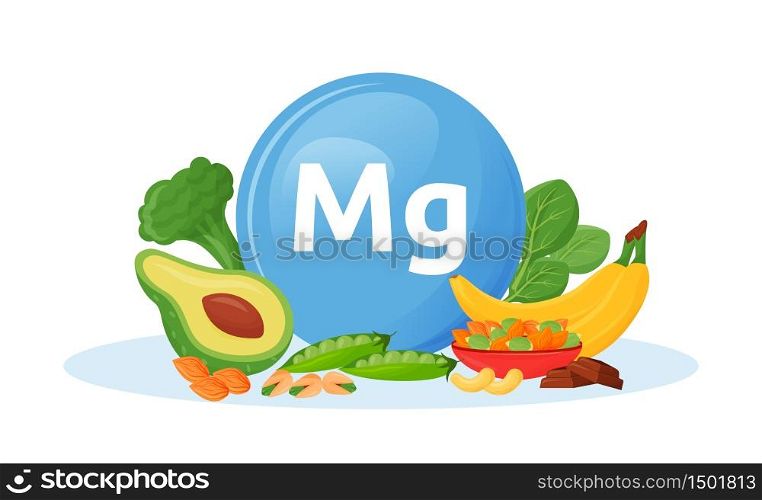 Products containing magnesium cartoon vector illustration. Mg in broccoli and spinach veggies. Bananas and nuts healthy food flat color object. Healthy vegetarian food isolated on white background. Products containing magnesium cartoon vector illustration