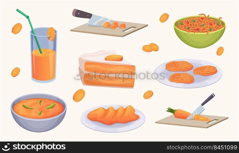 Products from carrot. Healthy natural ingredients for preparing food carrot organic vegetable vector illustrations in cartoon. Illustration of nutrition carrot vegetarian, natural healthy vegetable. Products from carrot. Healthy natural ingredients for preparing food slices carrot organic vegetable exact vector illustrations in cartoon style