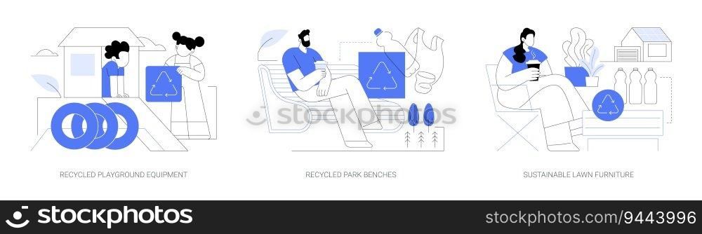 Products from recycled materials abstract concept vector illustration set. Recycled playground equipment, eco-friendly park benches, sustainable lawn furniture manufacturing abstract metaphor.. Products from recycled materials abstract concept vector illustrations.