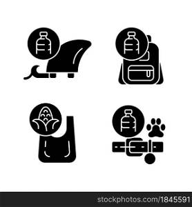 Products from recycled plastics black glyph icons set on white space. Eco-friendly surfer. Sustainable backpack, dog collar. Ethical production. Silhouette symbols. Vector isolated illustration. Products from recycled plastics black glyph icons set on white space