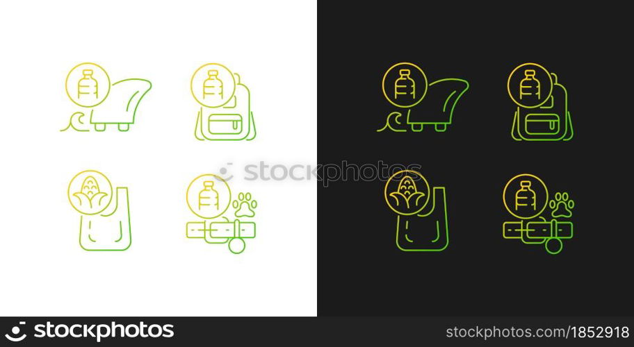 Products from recycled plastics gradient icons set for dark and light mode. Ethical production. Thin line contour symbols bundle. Isolated vector outline illustrations collection on black and white. Products from recycled plastics gradient icons set for dark and light mode