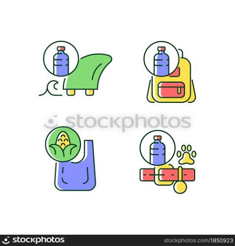 Products from recycled plastics RGB color icons set. Eco-friendly surfer. Sustainable backpack, dog collar. Ethical production. Isolated vector illustrations. Simple filled line drawings collection. Products from recycled plastics RGB color icons set