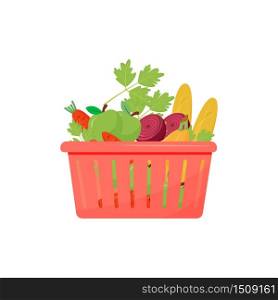 Products in shopping basket cartoon vector illustration. Baguette, fruits and vegetables flat color object. Bakery and organic produce, bread and veggies isolated on white background