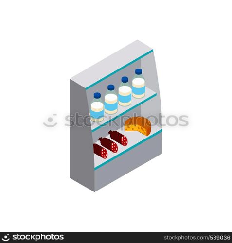 Products in supermarket fridge icon in isometric 3d style on a white background. Products in supermarket fridge icon