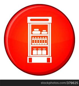 Products in the supermarket refrigerator icon in red circle isolated on white background vector illustration. Products in the supermarket refrigerator icon