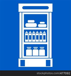 Products in the supermarket refrigerator icon white isolated on blue background vector illustration. Products in the supermarket refrigerator icon