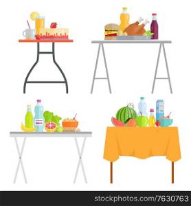 Products on table, cafe dishes and meal. Juice and water, grapefruit and watermelon fruit, Sauce and chicken fried meat and burger. Vector illustration in flat cartoon style. Cafe Tables with Food and Dishes Healthy Eating