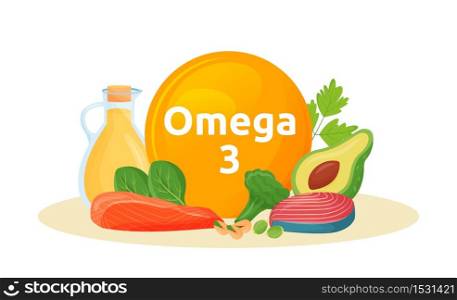 Products reach of omega 3 cartoon vector illustration. Polyunsaturated fatty acids in fish, avocado, nuts, oil flat color object. Wholesome food. Healthy fat sources isolated on white background. Products reach of omega 3 cartoon vector illustration