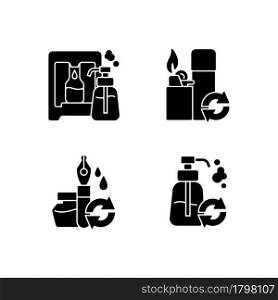 Products refill black glyph icons set on white space. Soap stand and dispenser. Ink pen. Lighter refill. Eco friendly package for cosmetic. Silhouette symbols. Vector isolated illustration. Products refill black glyph icons set on white space
