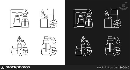Products refill linear icons set for dark and light mode. Soap dispenser. Eco friendly package for cosmetic. Customizable thin line symbols. Isolated vector outline illustrations. Editable stroke. Products refill linear icons set for dark and light mode