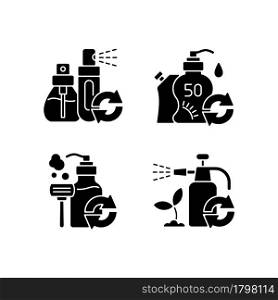 Products refill option black glyph icons set on white space. Perfume sprayer. Sunscreen bottle. Shaving cream in eco friendly package. Silhouette symbols. Vector isolated illustration. Products refill option black glyph icons set on white space