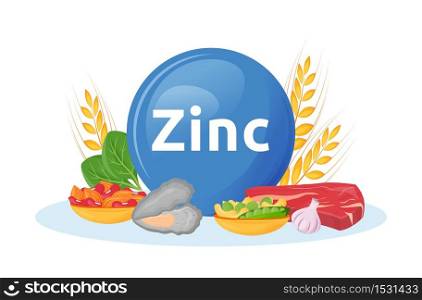 Products rich in zinc cartoon vector illustration. Minerals in seafood, beef. Garlic and nuts healthy foodstuffs flat color object. Diet for health isolated on white background. Products rich in zinc cartoon vector illustration