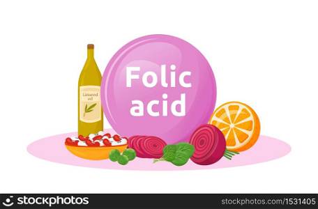 Products rich of folic acid cartoon vector illustration. Benefits of vegetables and beans. Linseed oil flat color object. Good nutrition. Diet for pregnant isolated on white background. Products rich of folic acid cartoon vector illustration