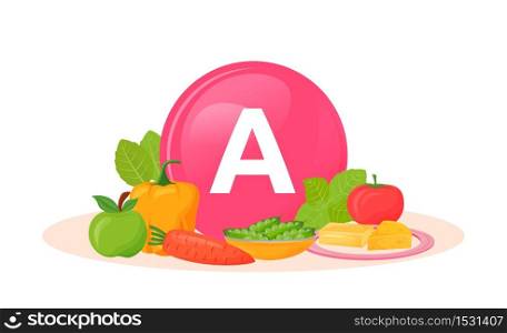 Products rich of vitamin A cartoon vector illustration. Fresh bell pepper and carrot. Peas and tomato healthy food. Cheese and greens flat color object. Vegetarian products isolated on white background. Products rich of vitamin A cartoon vector illustration