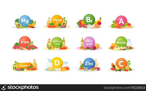 Products rich of vitamins, minerals for health cartoon vector illustrations set. Balanced diet flat color object. Vitamin A, B6, D. Good nutrition. Healthy eating isolated on white background. Products rich of vitamins, minerals for health cartoon vector illustrations set