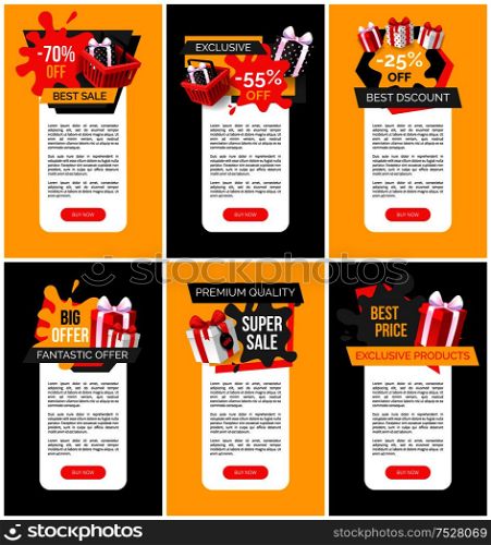 Products sale discounts only weekends web pages with text sample vector. Shopping basket with gift, present with bow, promotion and clearance sellout. Products Sale Discounts Only Weekends Web Pages