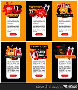 Products sale discounts only weekends web pages with text sample vector. Shopping basket with gift, present with bow, promotion and clearance sellout. Products Sale Discounts Only Weekends Web Pages