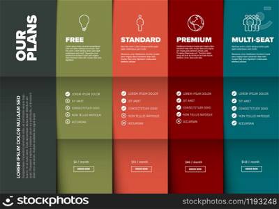 Products service feature compare list table template with various options, description, features and prices - horizontal version