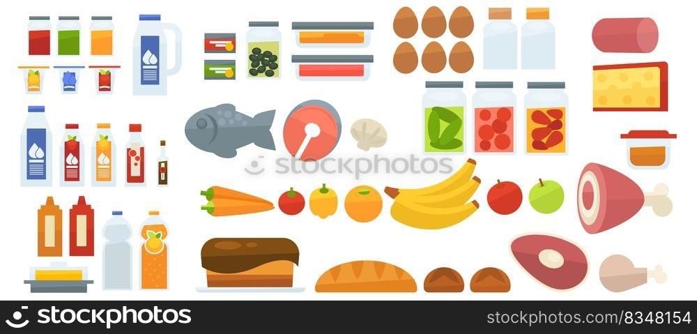 Products variety, isolated jars with juice and milk, eggs and fish salmon. Banana and orange, pepper and apple. Pork meat and bread from bakery, cheese and sausage. Vector in flat style illustration. Grocery products, meat and milk, bread and fruits