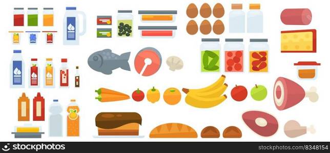 Products variety, isolated jars with juice and milk, eggs and fish salmon. Banana and orange, pepper and apple. Pork meat and bread from bakery, cheese and sausage. Vector in flat style illustration. Grocery products, meat and milk, bread and fruits