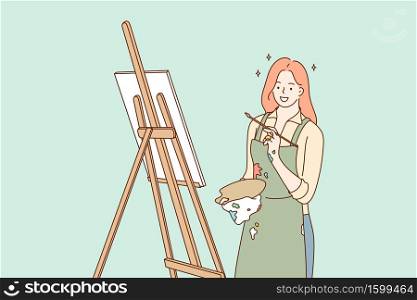 Profession, art, work, creativity concept. Young happy smiling woman girl artist cartoon character works with paintbrush draws paintings or pictures. Creative occupation or leisure hobby illustration.. Profession, art, work, creativity concept