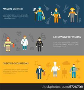 Profession cartoon male characters horizontal banners set of manual creative and lifesaving occupations abstract isolated vector illustration