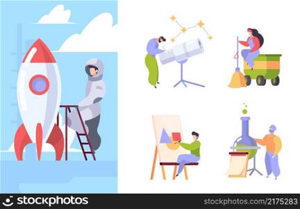 Profession characters. Workers in specific uniform chef teacher carpenter labour day garish vector flat people isolated. Illustration astronaut and assistant laboratory, scientist and cosmonaut. Profession characters. Workers in specific uniform chef teacher carpenter labour day garish vector flat people isolated