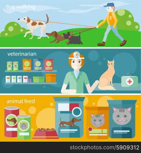 Profession concept with female veterinarian checking heartbeat of orange cat with stethoscope in vet clinic. Man walking with dogs on leash. Pet foods concept on banners in flat design. Veterinarian examining a cat with stethoscope